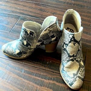 Faux snake skin booties.